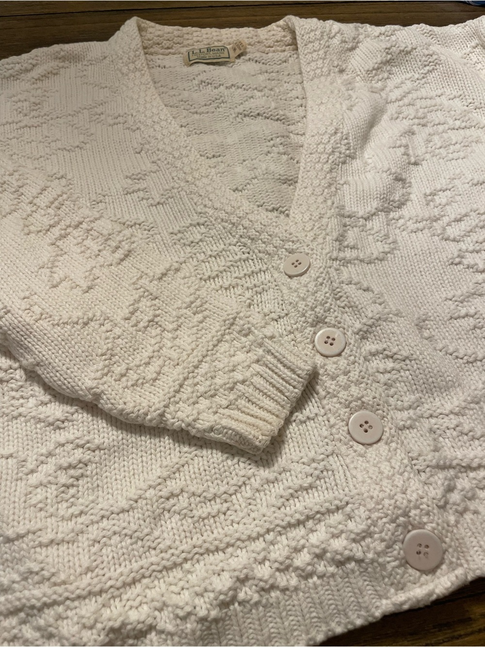 Vintage L.L.Bean USA Cotton Textured Knit Cardigan Sweater Oversized Ivory M - Picture 6 of 9
